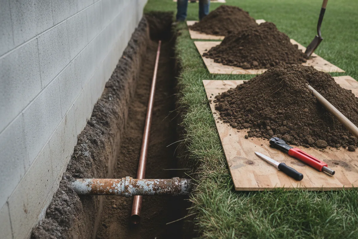 Excavated water line trench during Water Heater Repair in Schertz